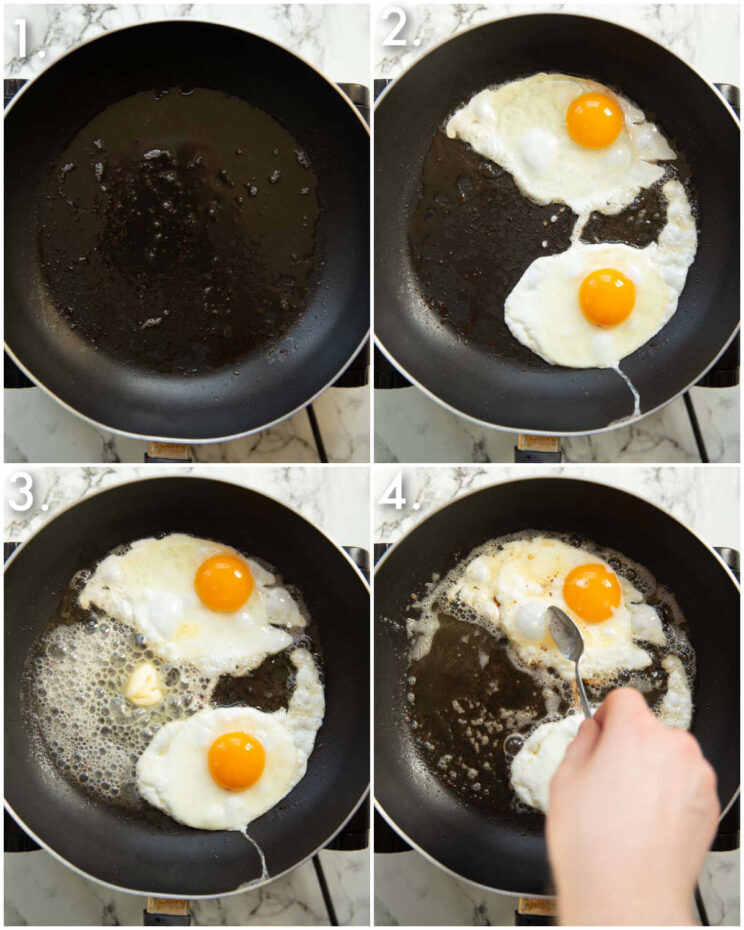 4 step by step photos showing how to fry an egg