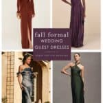 A collage of 4 formal dresses for black tie weddings in autumn