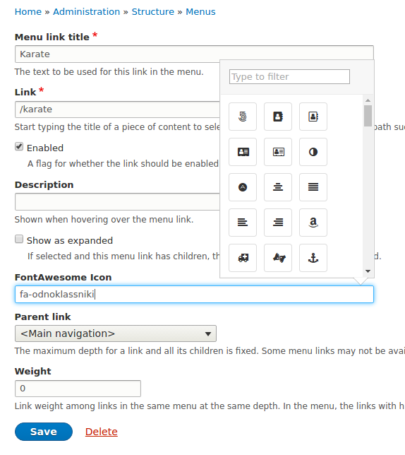 Drupal.org Font awesome menu: 
Drupal là một hệ thống quản lý nội dung phổ biến, với những tính năng nâng cao và vô số ưu điểm đáp ứng mọi nhu cầu của người dùng website. Khi sử dụng Drupal.org Font awesome menu, trang web của bạn sẽ trở nên chuyên nghiệp hơn, các điều hướng trở nên trực quan và dễ sử dụng. Tất cả những điều này sẽ đưa cho khách hàng của bạn trải nghiệm tuyệt vời khi thăm qua trang web của bạn.