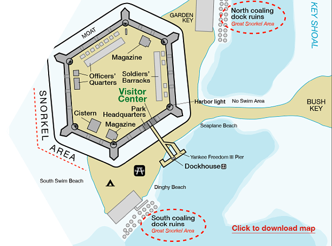 Section of a map of the Dry Tortugas National Park that identifies the docks, beaches and all within Ft. Jefferson