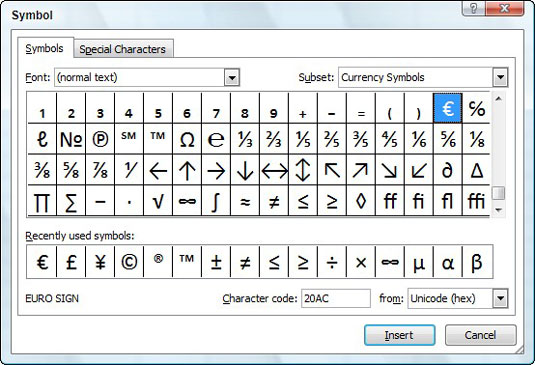 How to Insert Symbols and Special Characters in Excel 2007 - dummies