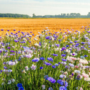 Colorful field margin on the edge of a stubble field