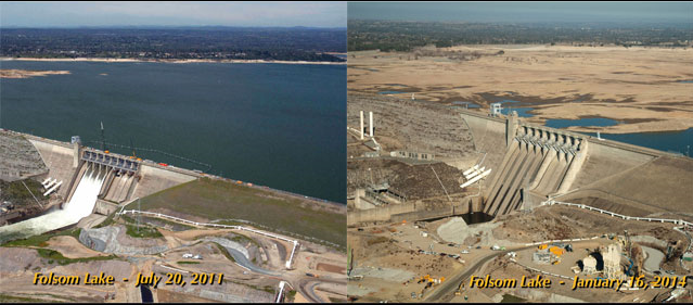 Folsum Lake before a drought, blue and full of water and after a drought, almost completely dried out