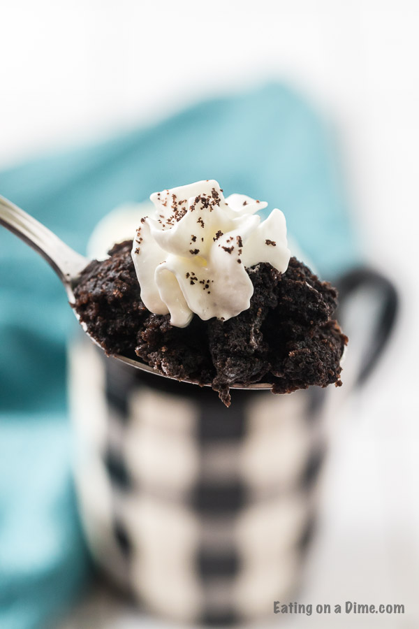 spoonful of mug cake with whipped cream