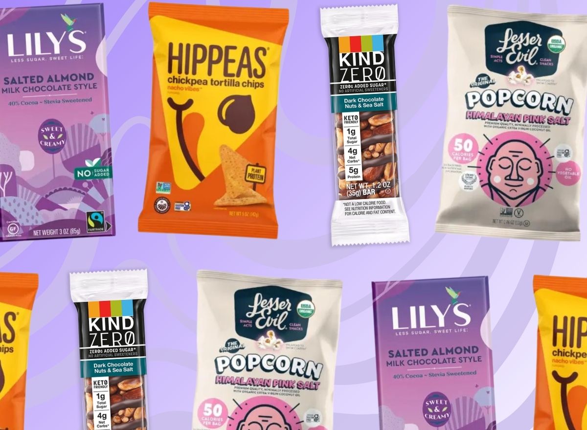 different snacks on a purple background