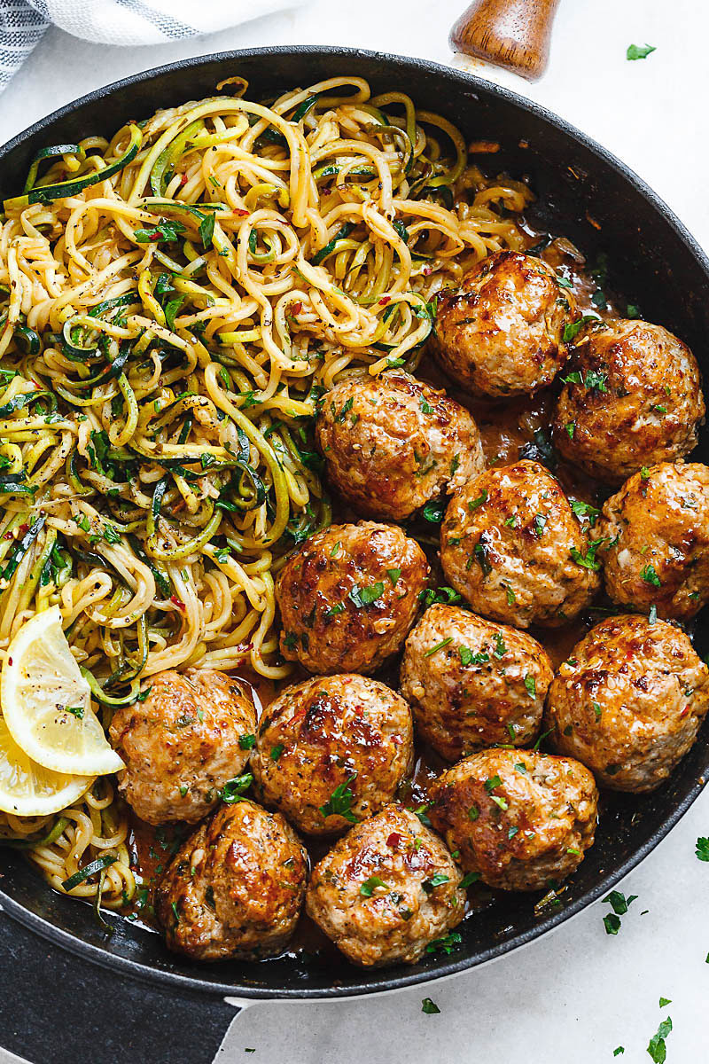 Garlic Butter Turkey Meatballs with Lemon Zucchini Noodles Recipe