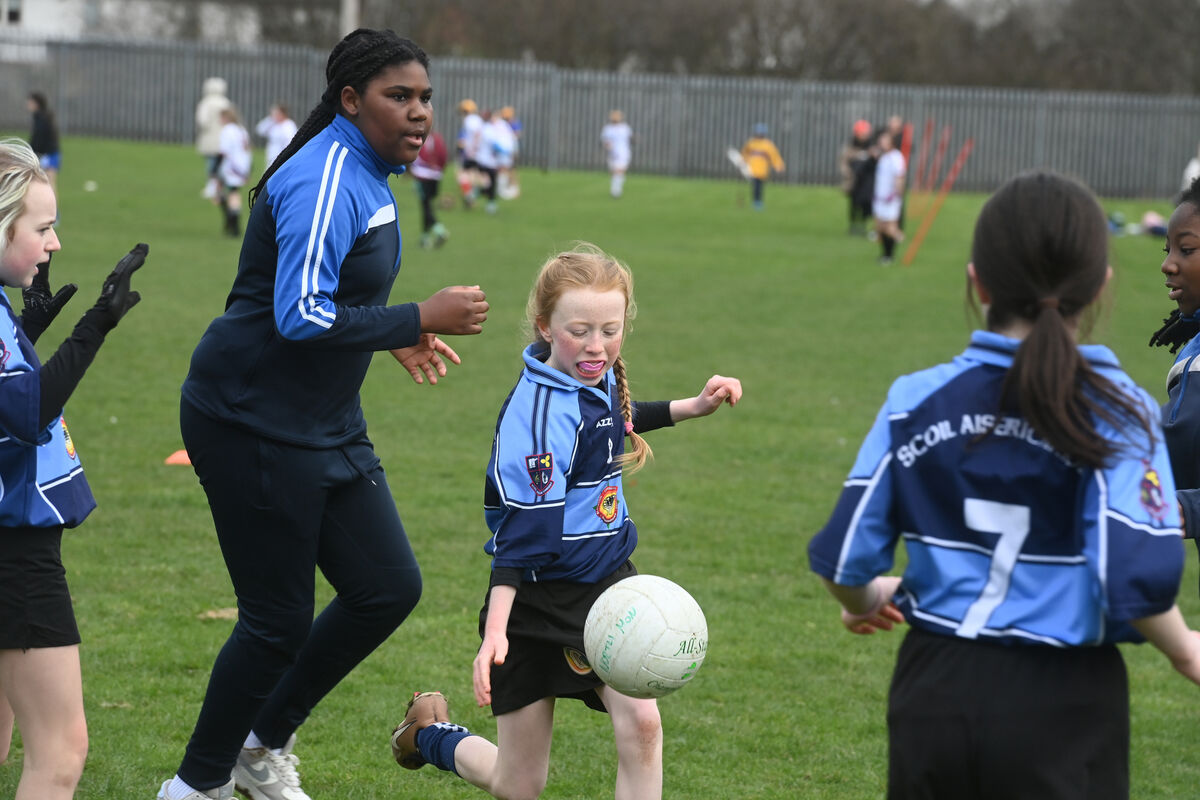  Shannon Eager from Scoil Aiseiri Chriost in action at the the blitz. Gaelic games blitz for local primary schools at North Monastery Secondary School, Cork. Eight local national schools sent teams of boys and girls, and mixed teams to take part in the sports event of hurling and football. . Pic: Larry Cummins