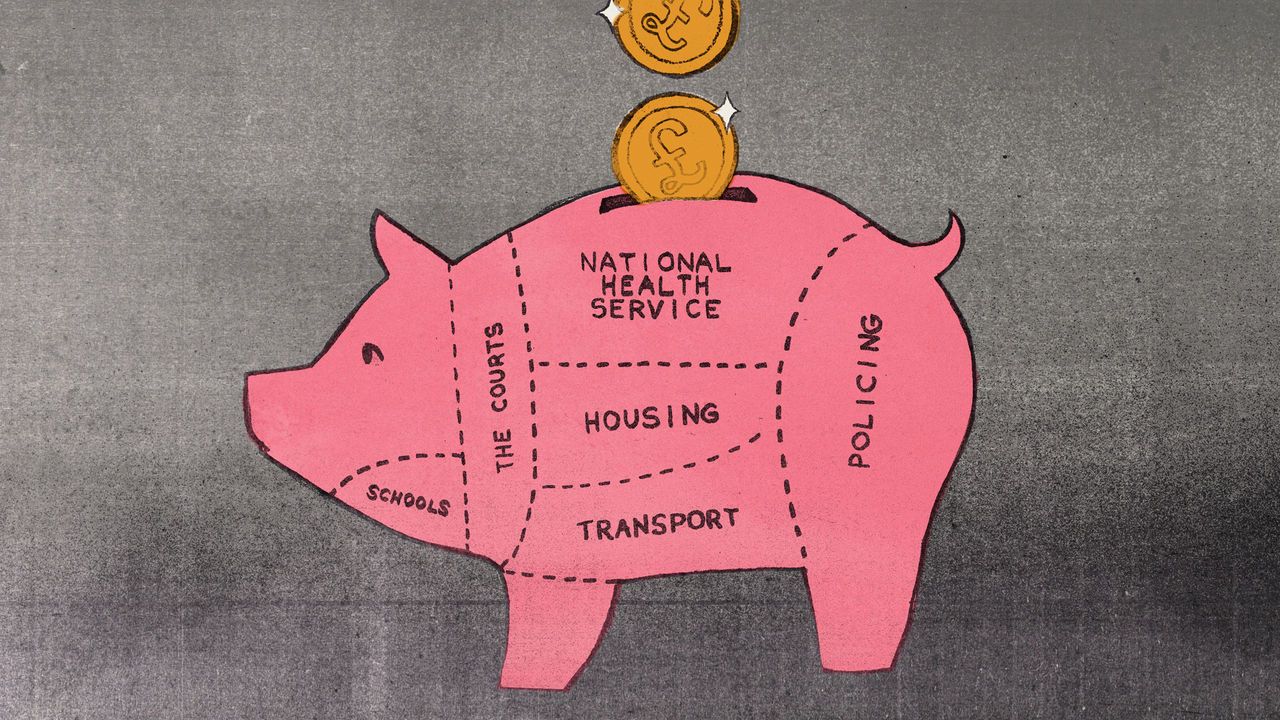 Illustration of a piggy bank showing cuts of pork as a metaphor for economic growth