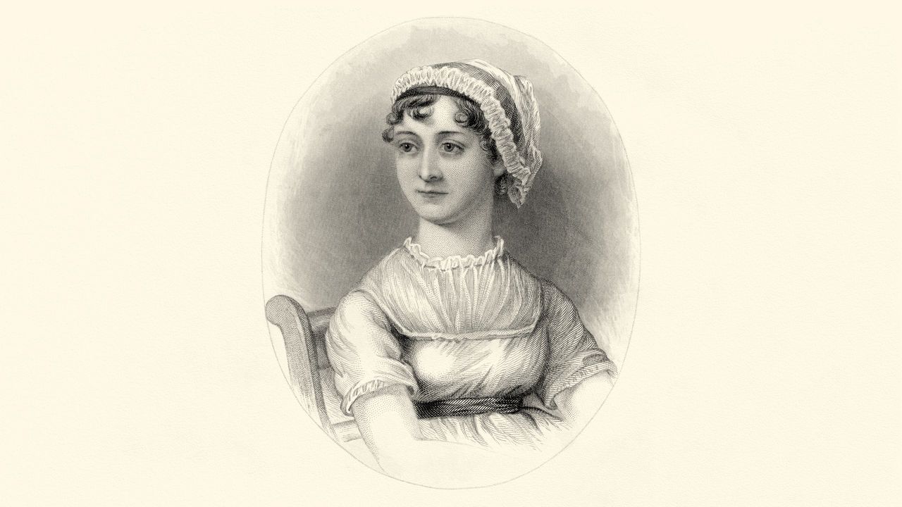 A portrait of the English writer Jane Austen, author of Pride and Prejudice. It is based on the sketch made in 1810 (when Jane was 35 yrs old) by her sister Cassandra.