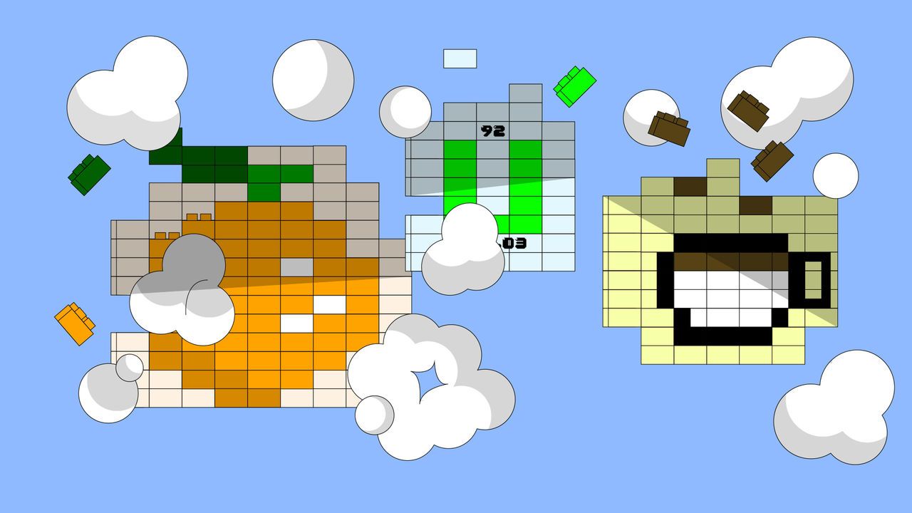 An illustration of clouds over a puzzle style building