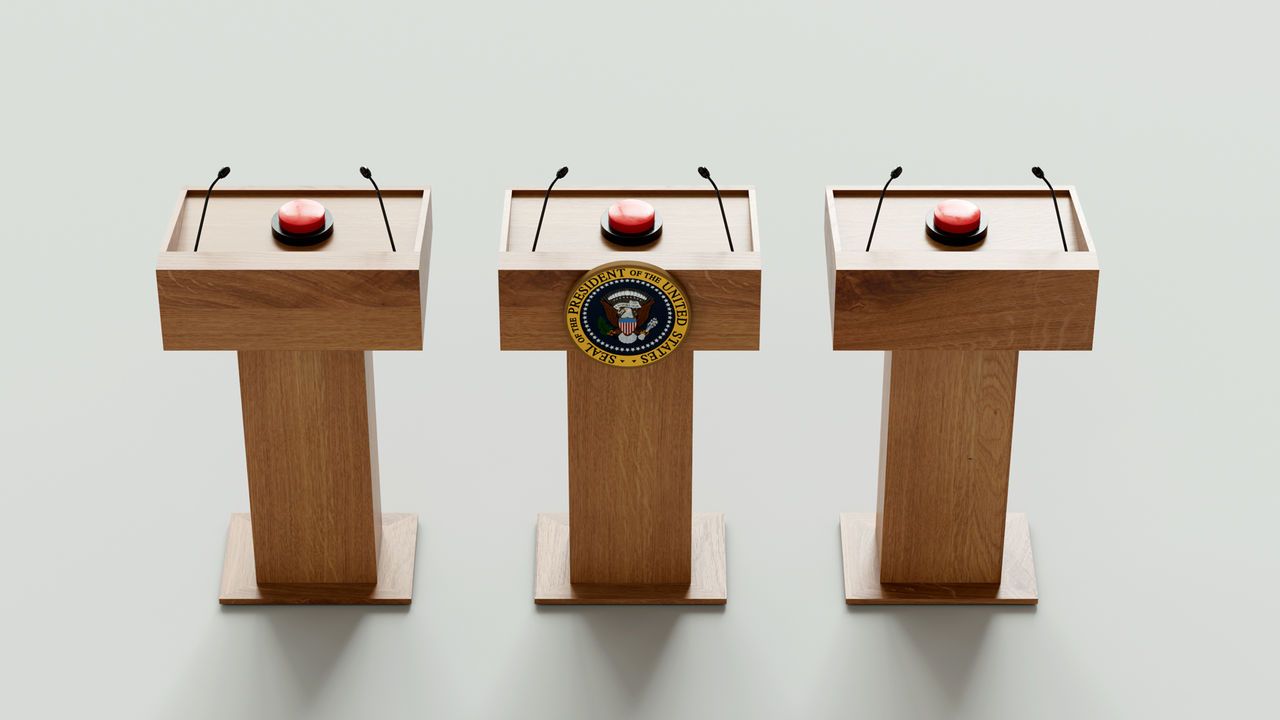 Illustration of three presidential lecterns, each with a red button