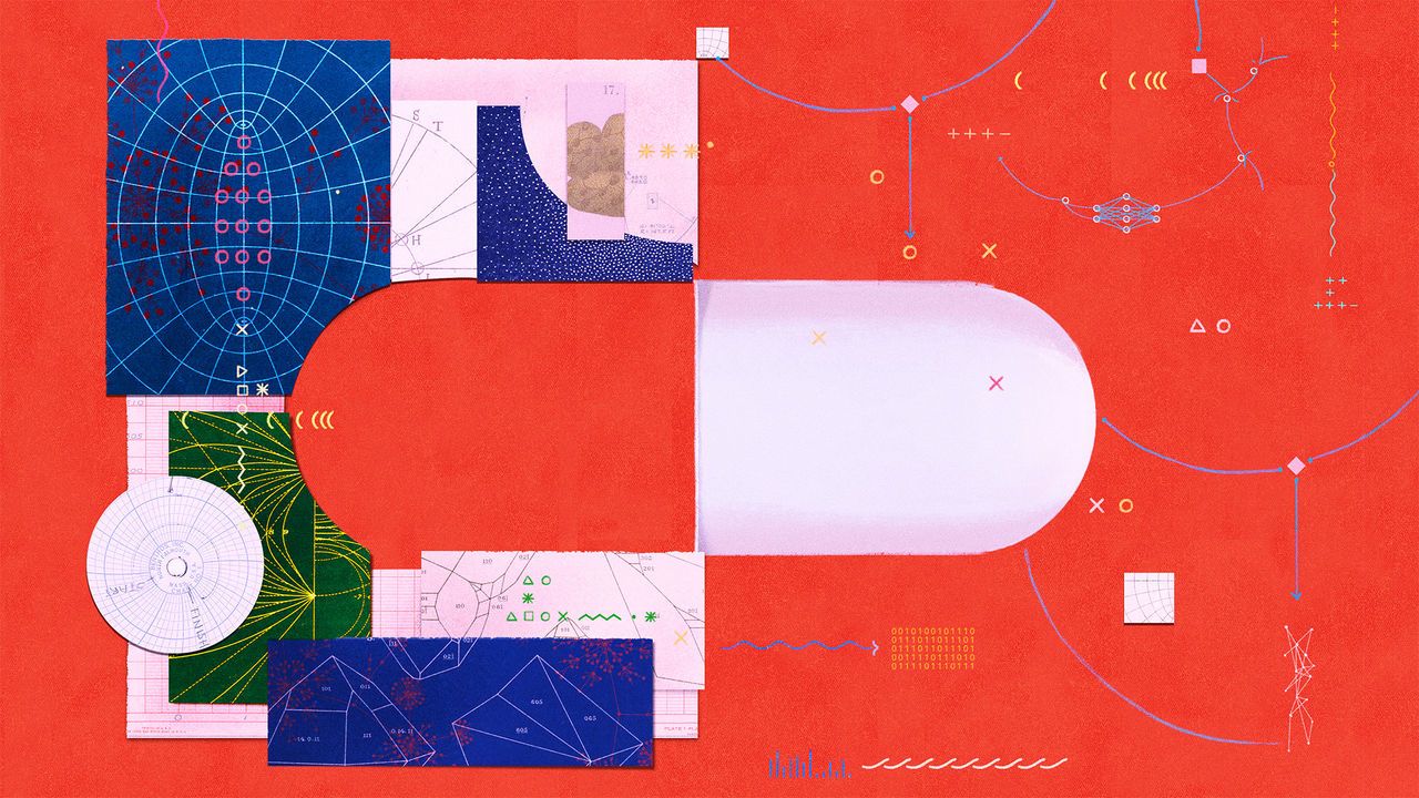 An illustrative collage of a large pill evoking negative space and AI imagery