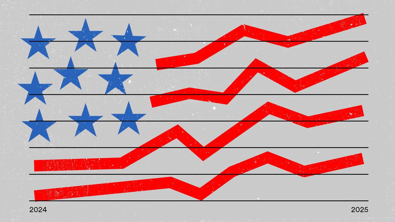 Illustration of a chart using the American flag, showing the American economy on the rise