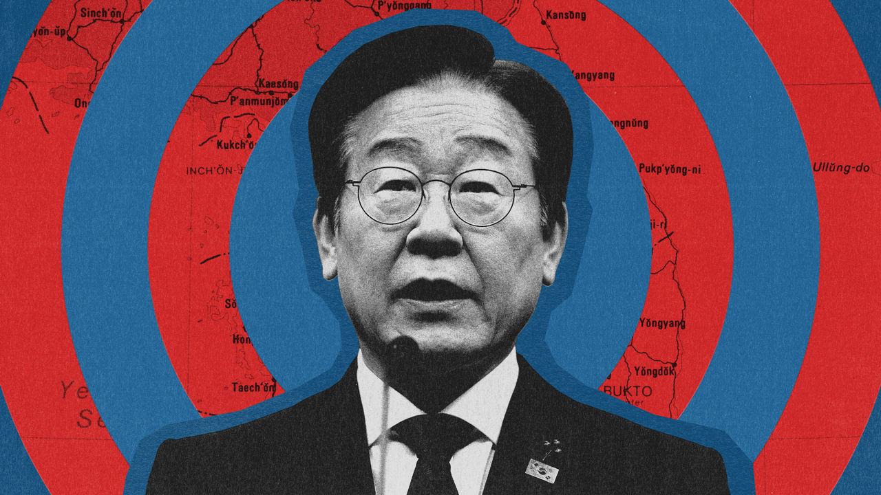 Portrait of Lee Jae-myung with a background of red-and-blue circles and a map.