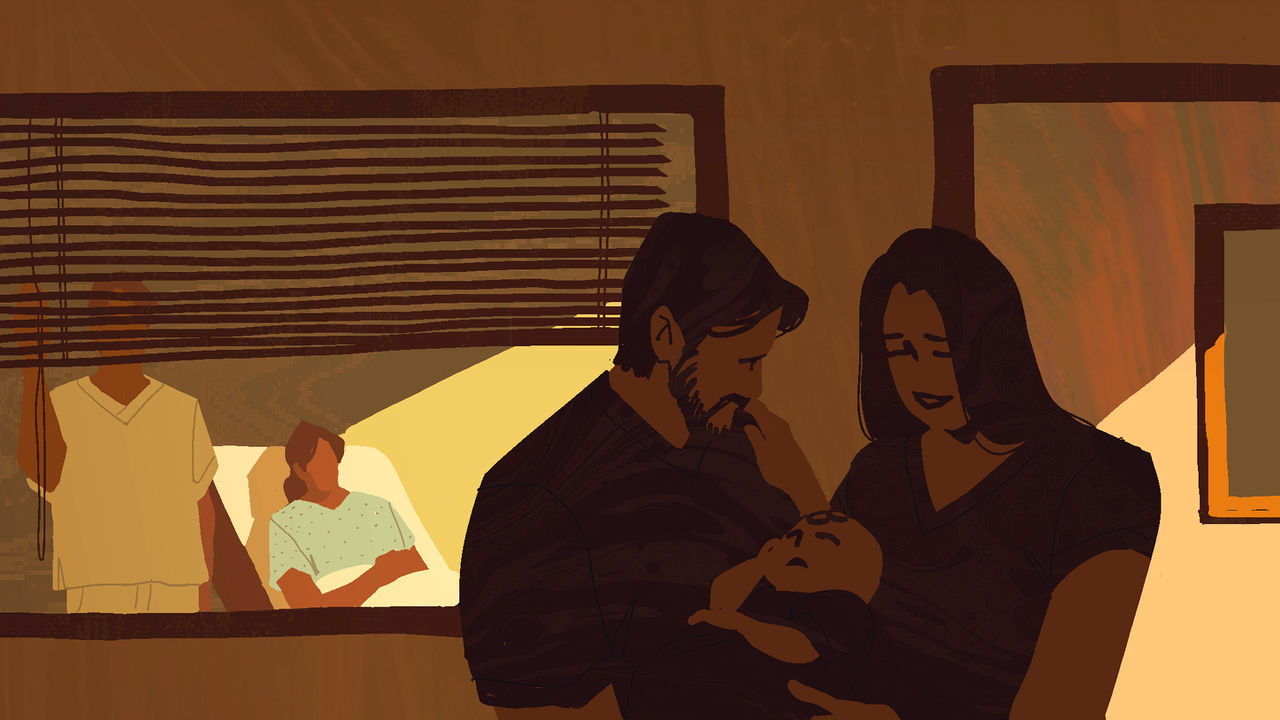 An illustration showing a couple holding a baby together. Through a window behind them a woman can be seen in a hospital bed and a doctor is closing the blinds.