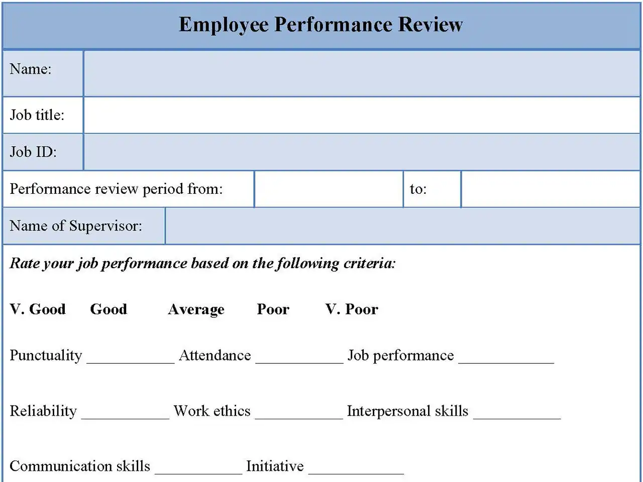 Employee Performance Review Fillable PDF Form And Word Document