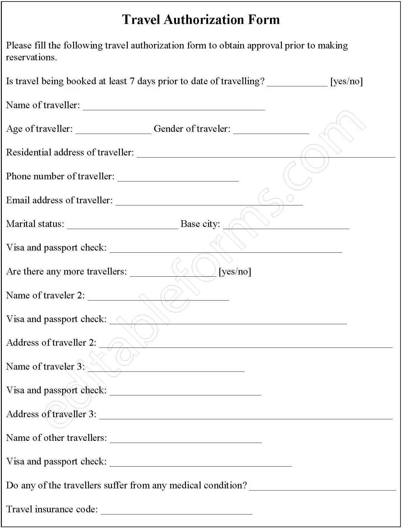 Travel Authorization Fillable PDF Form