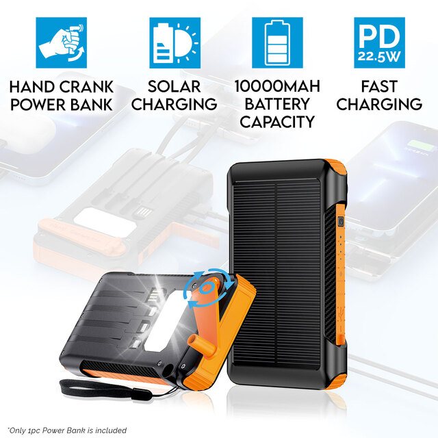 10000mAh Hand Crank Solar Charging PD22.5W Fast Portable Charger Power Bank