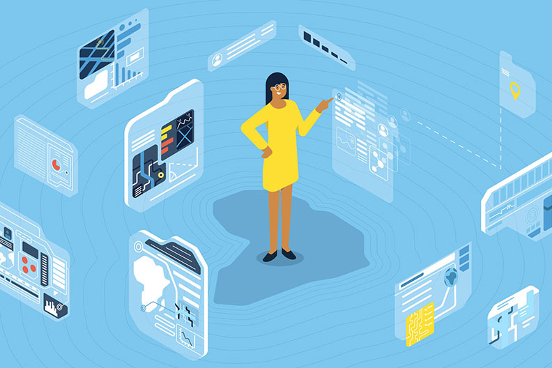 An illustration of a woman surrounded by geographic information, visually answering the question, "What is GIS?"