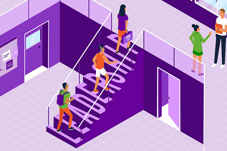 An illustration of students walking up steps that spell out teacher leadership.