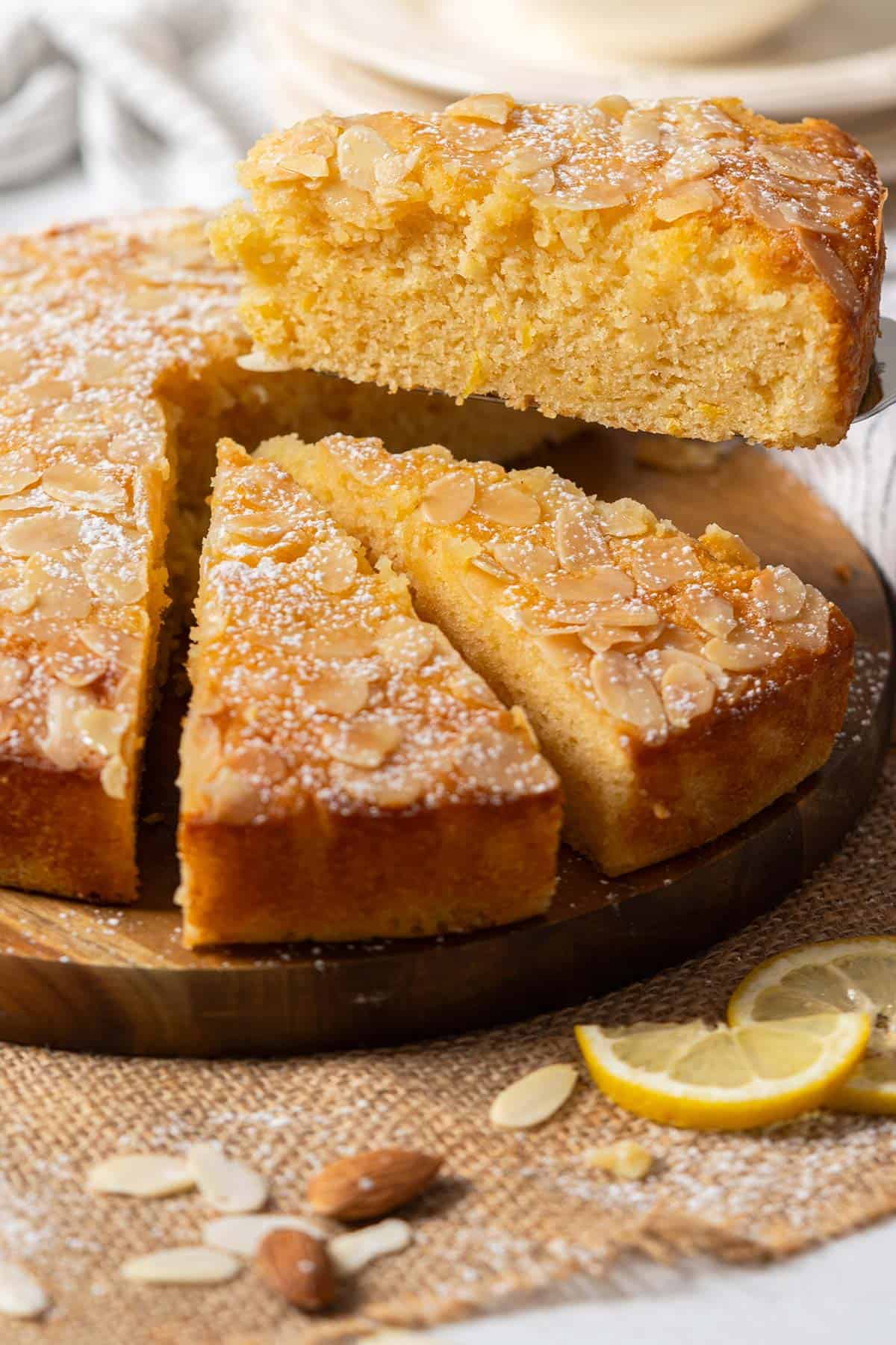 Close up of sliced lemon almond cake.