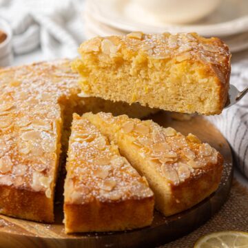 Showing sliced texture of lemon almond cake.