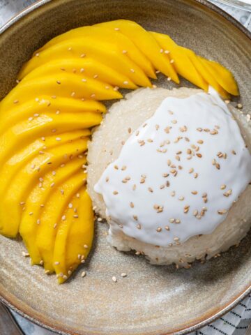 Mango sticky rice in a plate.