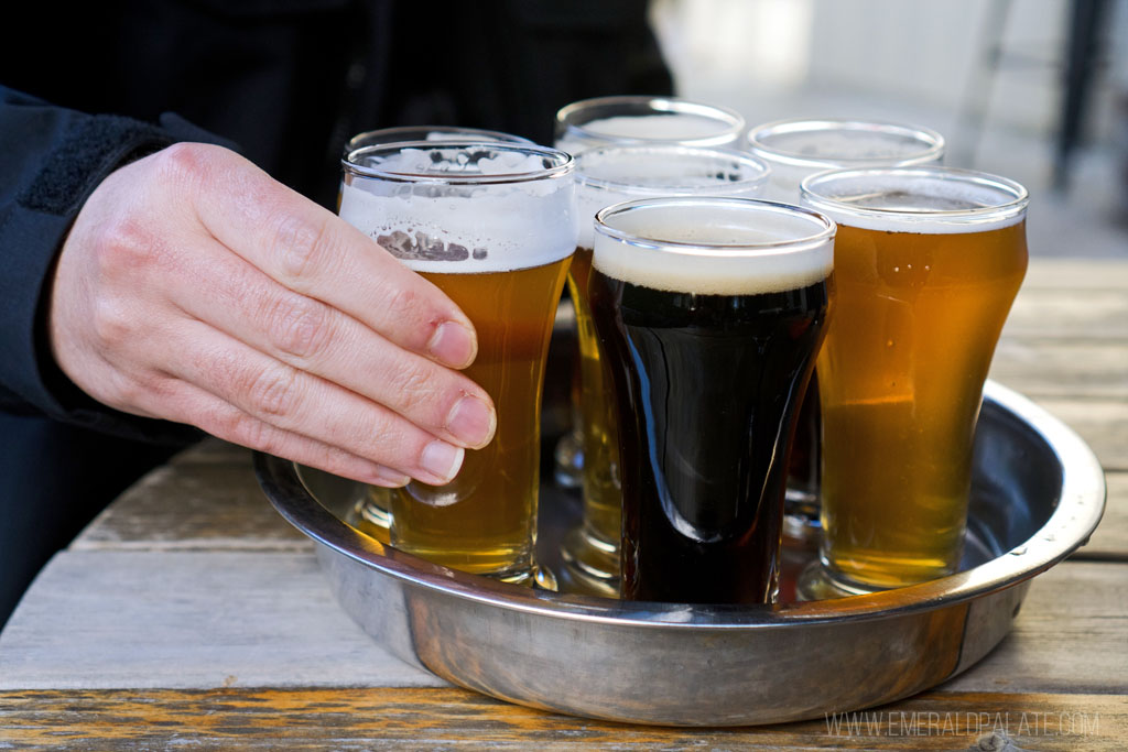 person picking up beer sampler 