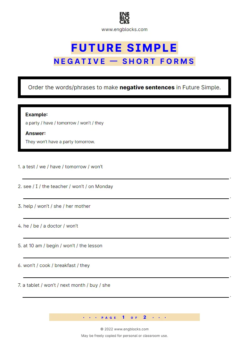 Grammar Worksheet: Future Simple — Negative — Short forms