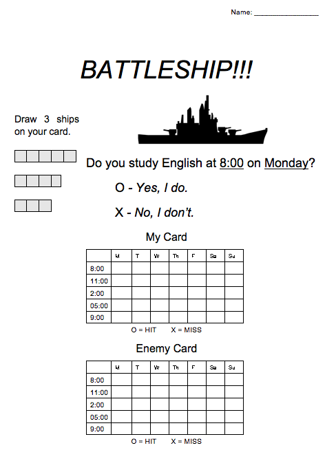 ESL Game: Battleship for Prepositions of Time (AT / ON)