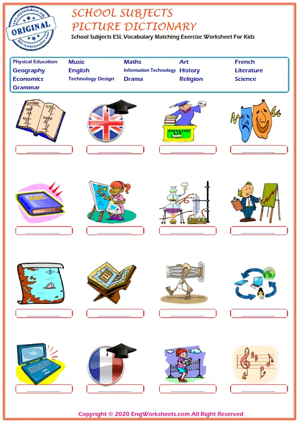 School Subjects Printable English ESL Vocabulary Worksheets - EngWorksheets