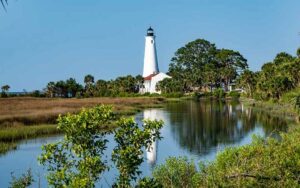 lighthouse across inlet with reflection at st marks lighthouse