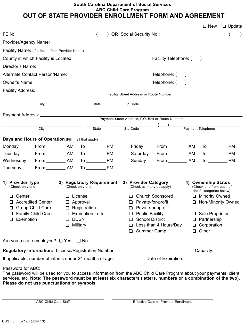 South Carolina Provider Enrollment Form - Enrollment Form