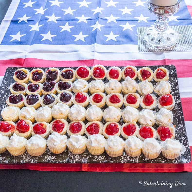 Mini cheesecakes arranged in an American flag pattern