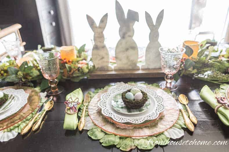 The Easter bunny centerpiece is low enough to see across the table