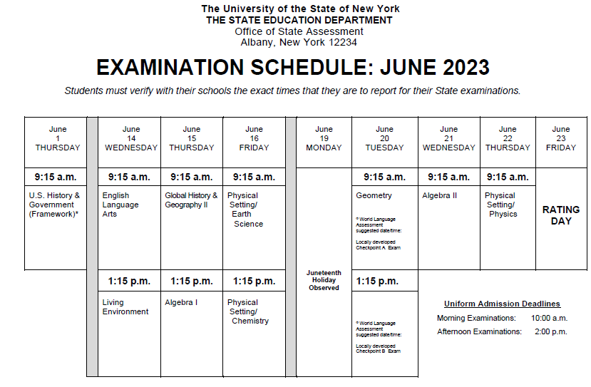 Regents Exam Schedule Excelsior Preparatory High School