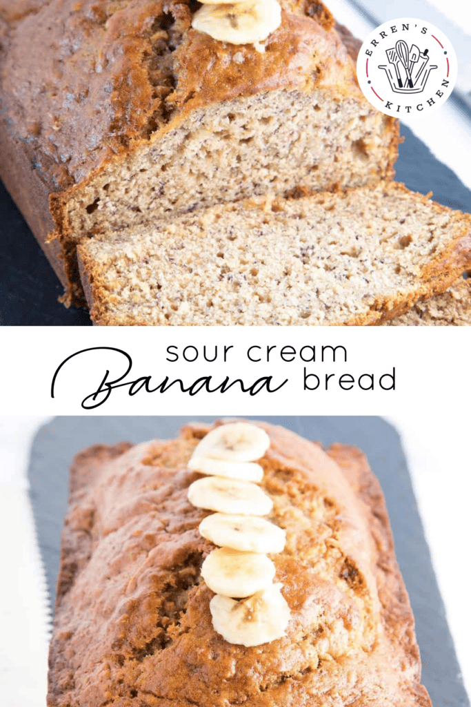 Sour cream banana bread topped with slices of banana.