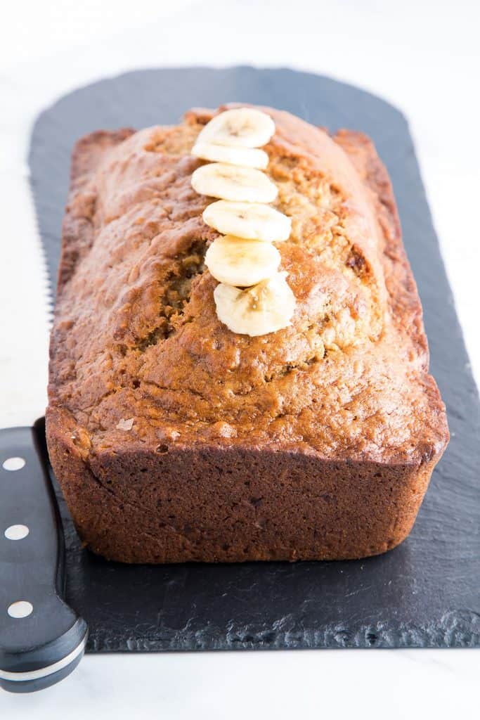 banana bread decorated with sliced banana