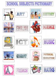 SCHOOL SUBJECTS PICTIONARY AND WORKSHEET - ESL worksheet by Isabel L