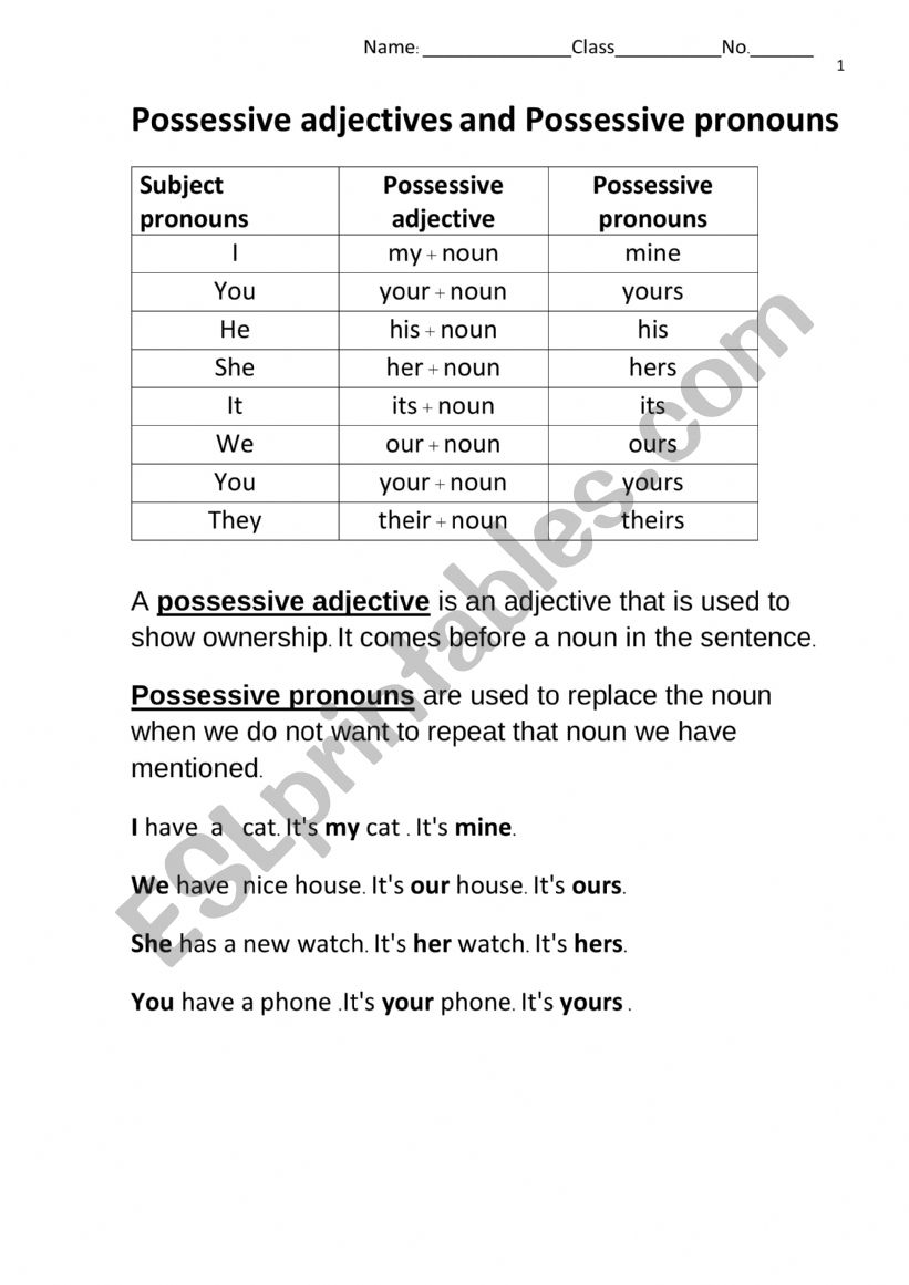 Possessive Pronouns - ESL worksheet by MInta Pondtip