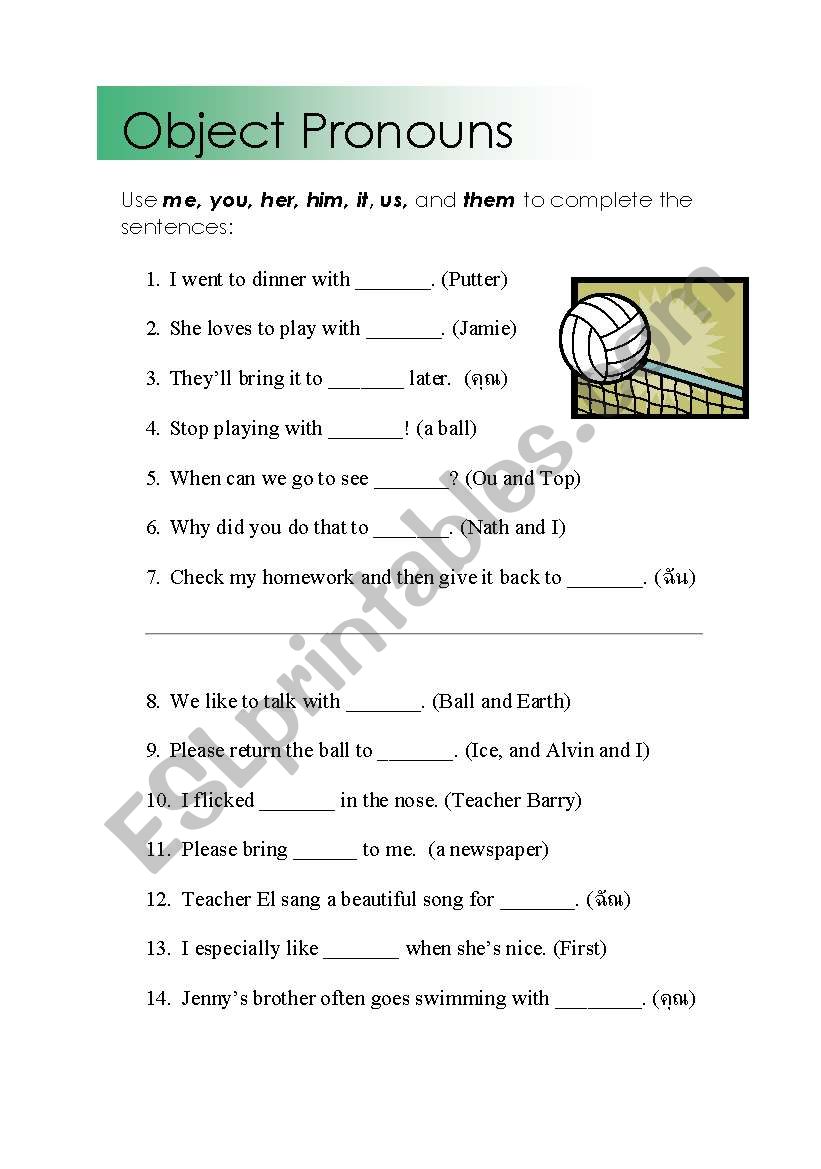 Objective pronouns - ESL worksheet by shamus