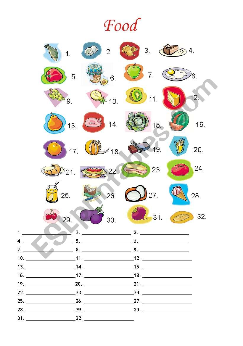 FOOD, 32 pictures - ESL worksheet by borna