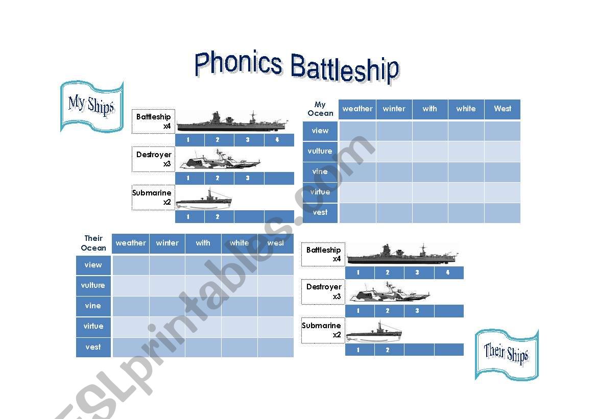 English worksheets: Phonics Battleship