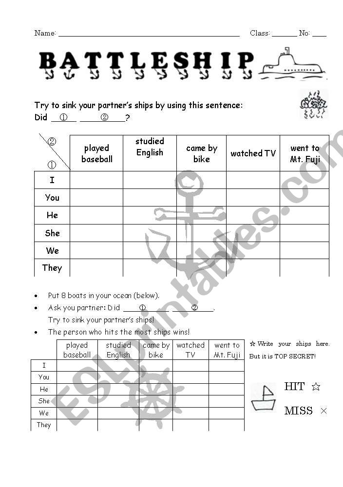 Past Tense Battleship - ESL worksheet by gsuiris