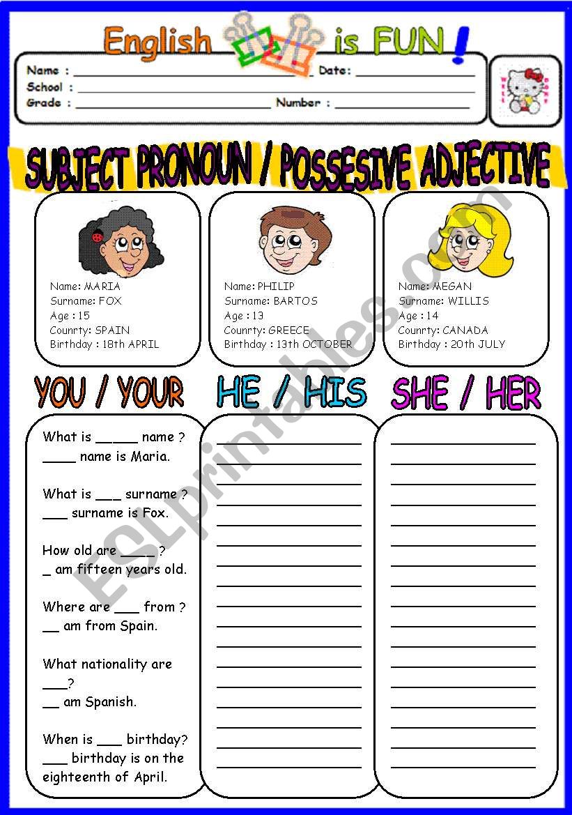 Subject Object Possessive Pronouns Worksheets