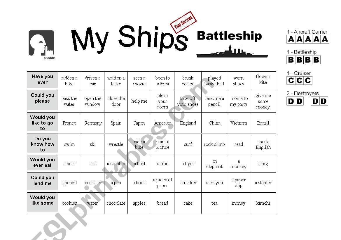 Battleship-- Asking Questions - ESL worksheet by duchessrachel