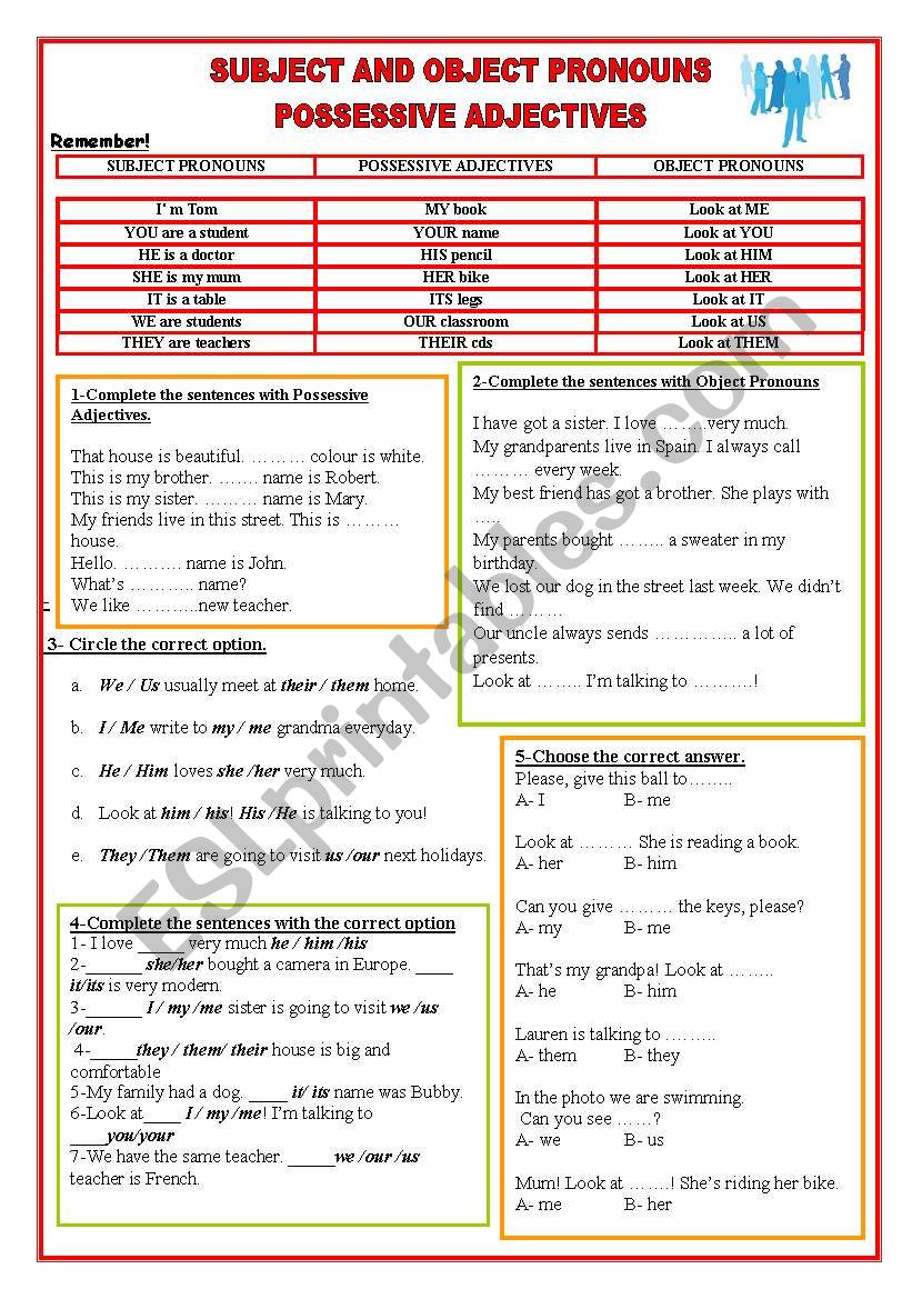 Subject and Object Pronouns- Possessive Adjectives / Keys - ESL ...