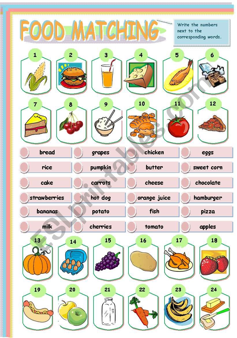 FOOD MATCHING EXERCISE - ESL worksheet by roalmeida