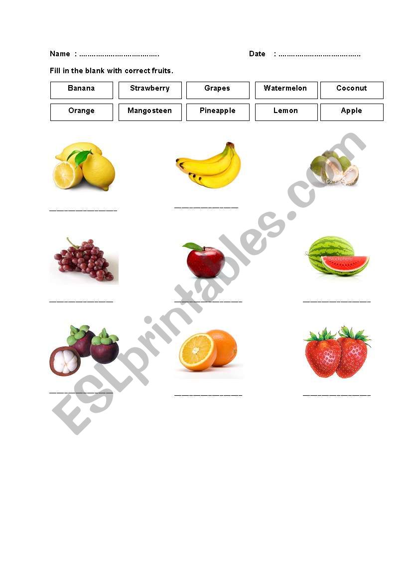 Fruits Spelling worksheet