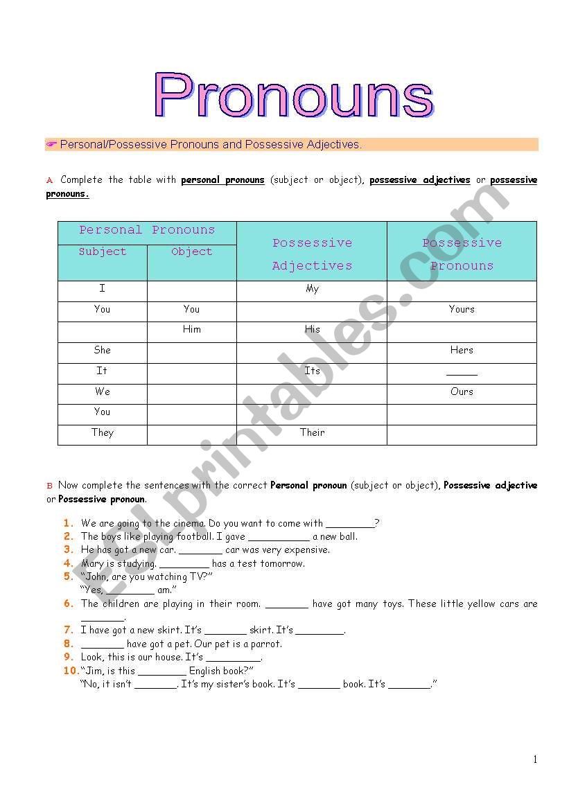 Pronouns - ESL worksheet by Anabelita